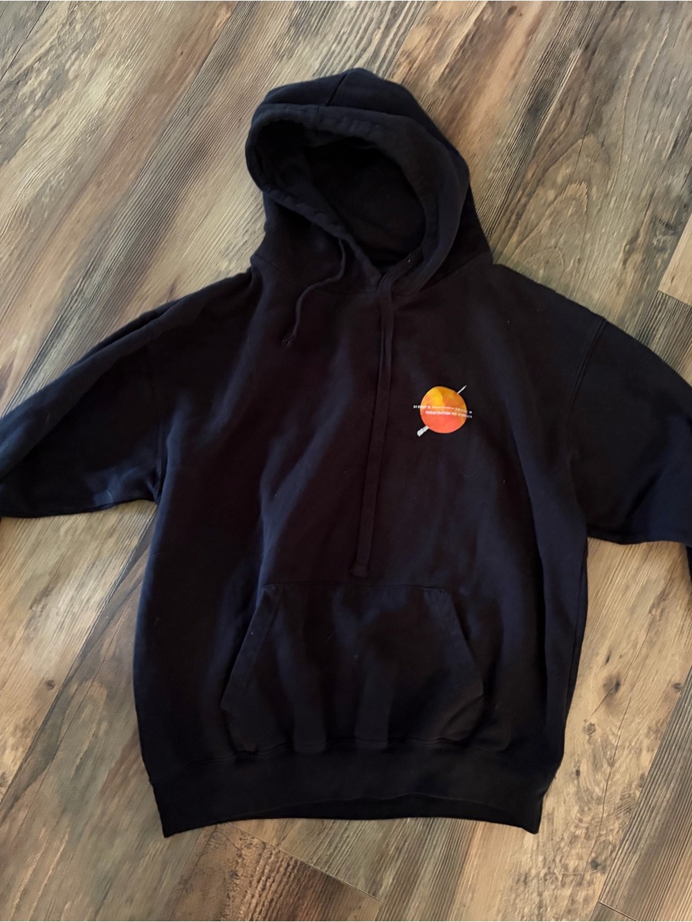 Men's Black Crewneck Hoodie with Small Orange Graphic